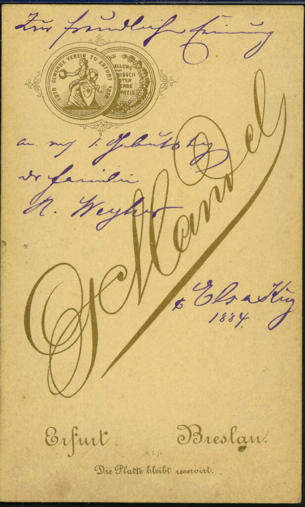 G. Mandel
Anger 21, Erfurt
Neue Taschenstraße 5, Breslau
1884