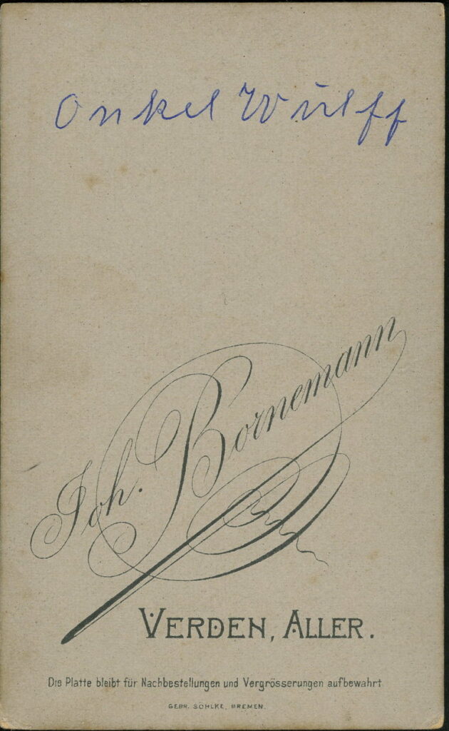 Reverse of a monochrome photographic portrait from between 1865 and the 1920s taken by Joh. Bornemann, Verden