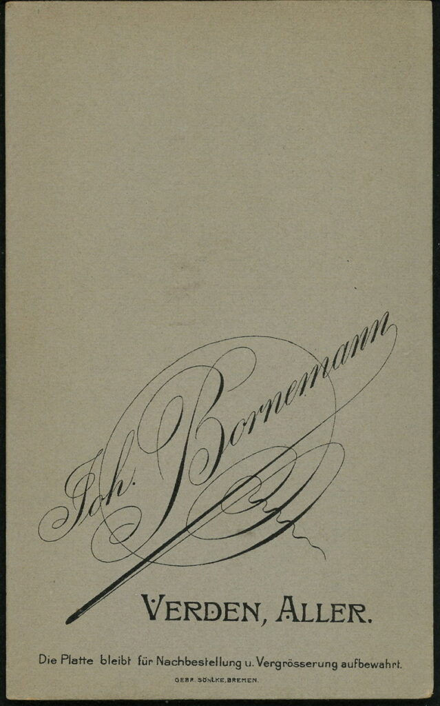 Reverse of a monochrome photographic portrait from between 1865 and the 1920s taken by Joh. Bornemann, Verden