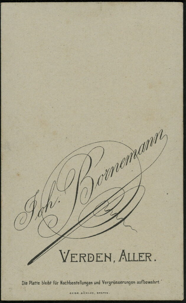 Reverse of a monochrome photographic portrait from between 1865 and the 1920s taken by Joh. Bornemann, Verden