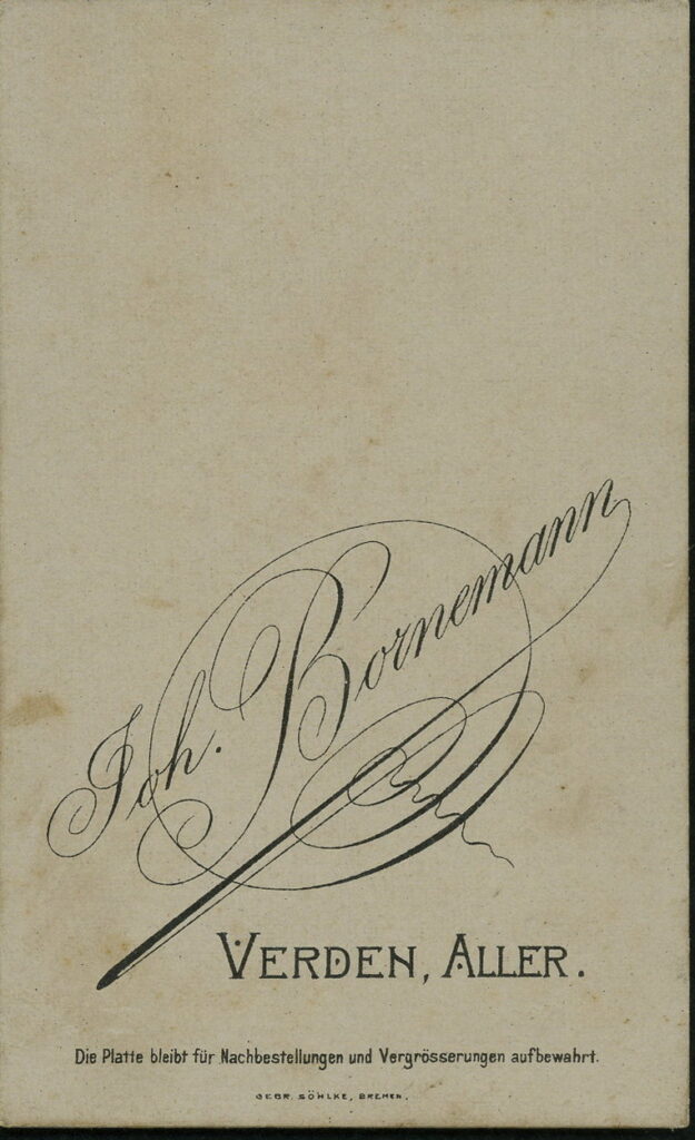 Reverse of a monochrome photographic portrait from between 1865 and the 1920s taken by Joh. Bornemann, Verden