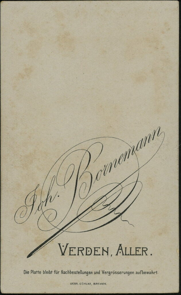 Reverse of a monochrome photographic portrait from between 1865 and the 1920s taken by Joh. Bornemann, Verden