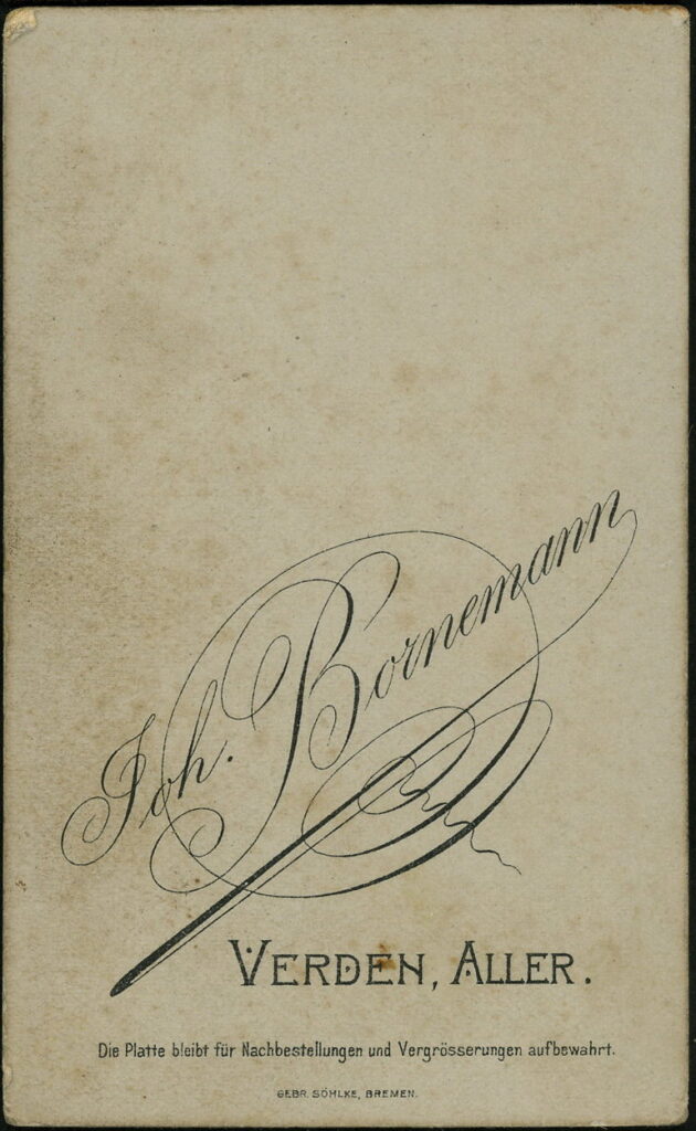 Reverse of a monochrome photographic portrait from between 1865 and the 1920s taken by Joh. Bornemann, Verden