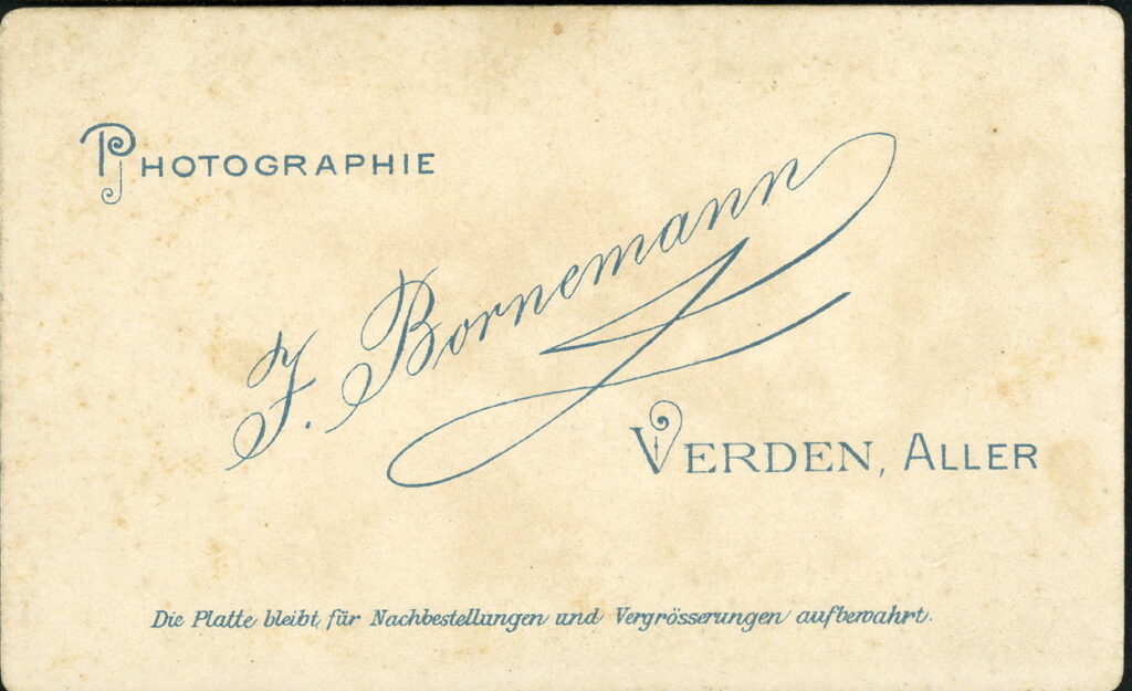 Reverse of a monochrome photographic portrait from between 1865 and the 1920s taken by Joh. Bornemann, Verden