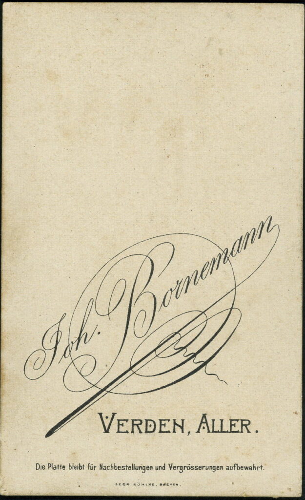 Reverse of a monochrome photographic portrait from between 1865 and the 1920s taken by Joh. Bornemann, Verden