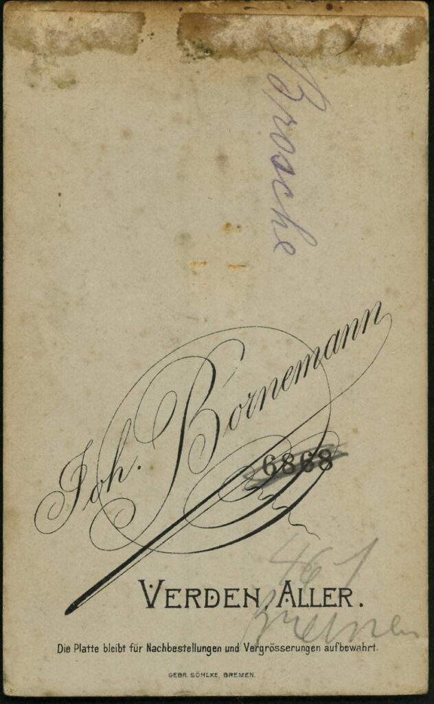 Reverse of a monochrome photographic portrait from between 1865 and the 1920s taken by Joh. Bornemann, Verden
