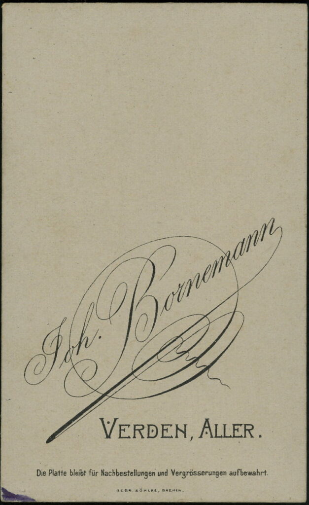 Reverse of a monochrome photographic portrait from between 1865 and the 1920s taken by Joh. Bornemann, Verden