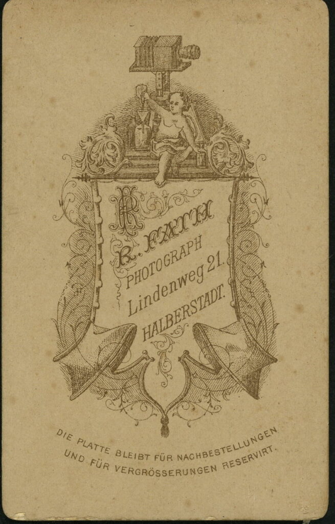 Reverse of a monochrome photographic portrait from between 1865 and the 1920s taken by R. Fath, Lindenweg 21, Halberstadt