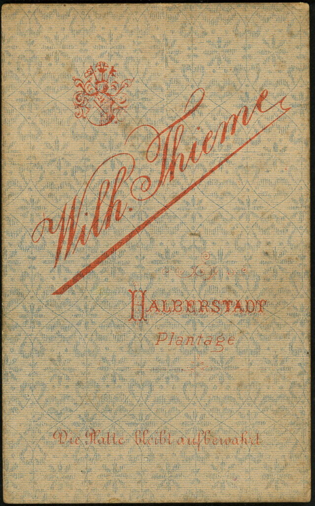 Reverse of a monochrome photographic portrait from between 1865 and the 1920s taken by Wilh. Thieme, Plantage, Halberstadt