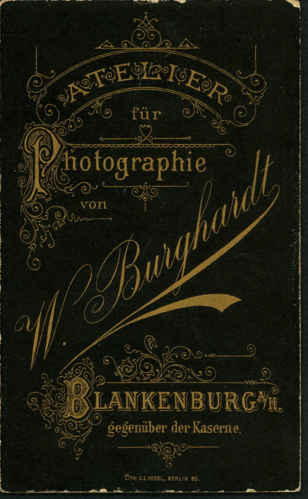 Reverse of a monochrome photographic portrait from between 1865 and the 1920s taken by W. Burghardt, Blankenburg a. Harz.
