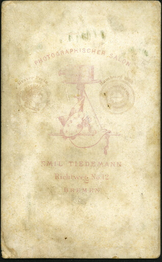Reverse of a monochrome photographic portrait from between 1865 and the 1920s taken by Emil Tiedemann, Richtweg 12, Bremen