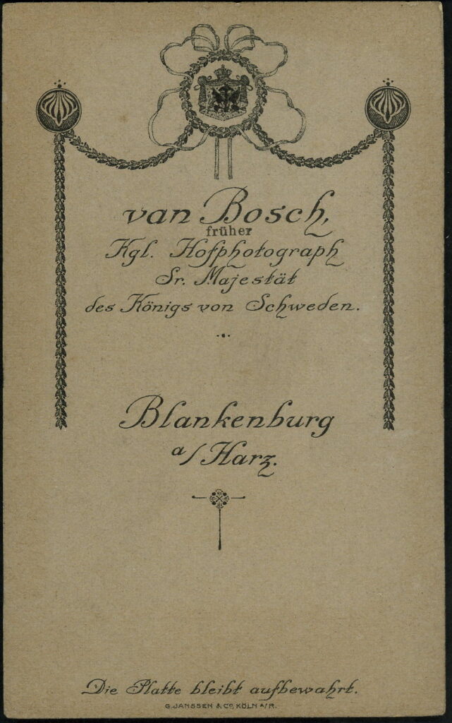Reverse of a monochrome photographic portrait from between 1865 and the 1920s taken by van Bosch, Blankenburg a. Harz