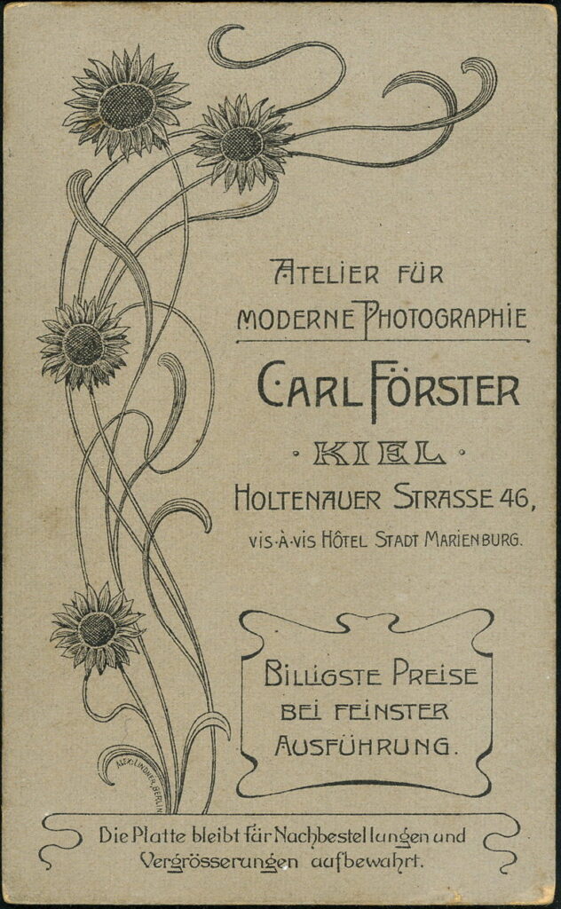 Reverse of a monochrome photographic portrait from between 1865 and the 1920s taken by Carl Förster, Holtenauerstraße 46, Kiel