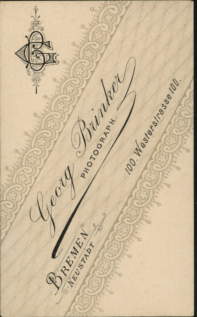 Reverse of a monochrome photographic portrait from between 1865 and the 1920s taken by Georg Brinker, Westerstraße 100, Neustadt, Bremen