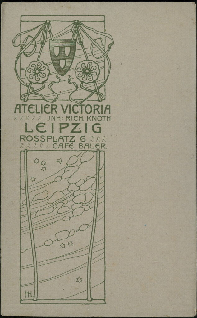 Reverse of a monochrome photographic portrait from between 1865 and the 1920s taken by Rich. Knoth, Atelier Victoria, Rossplatz 6 (Café Bauer), Leipzig