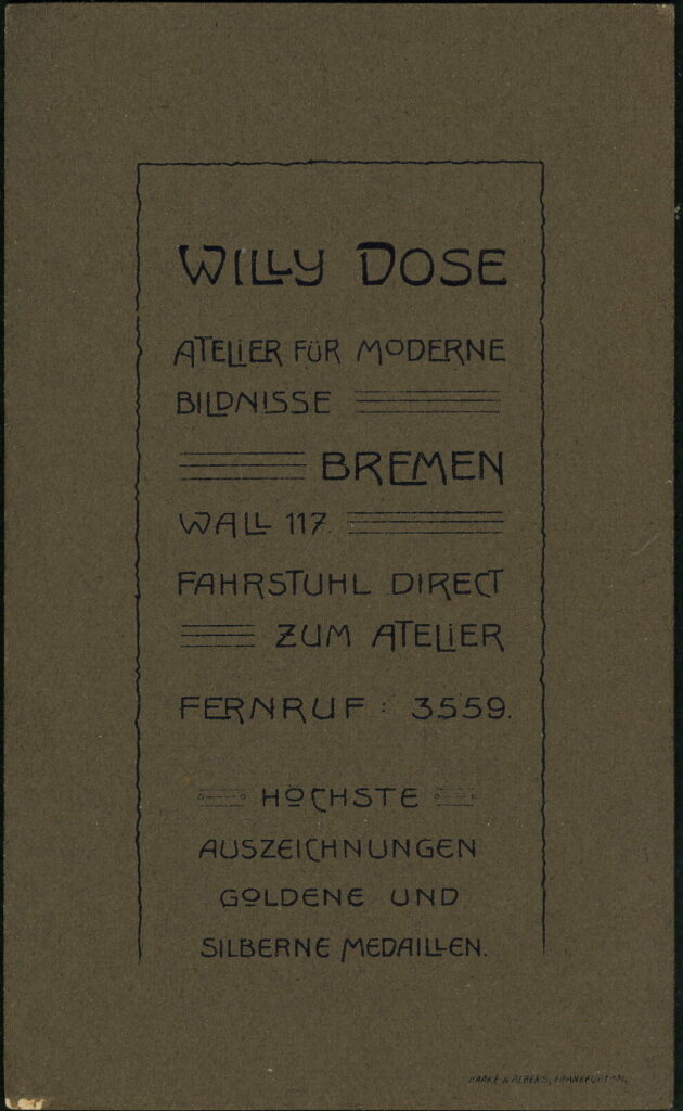 Reverse of a monochrome photographic portrait from between 1865 and the 1920s taken by Willy Dose, Wall 117, Bremen