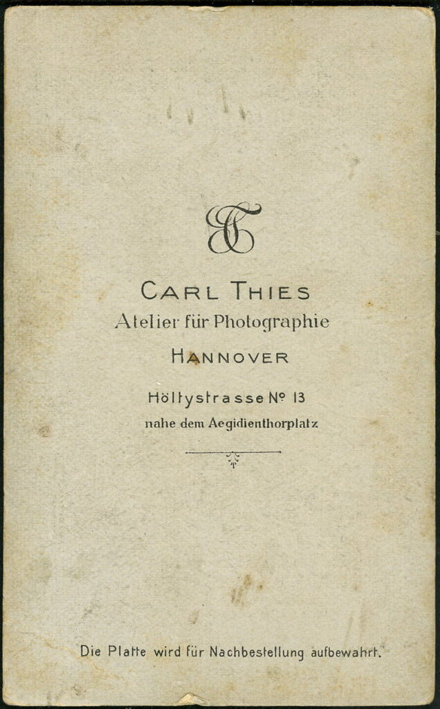 Reverse of a monochrome photographic portrait from between 1865 and the 1920s taken by Carl Thies, Höltystraße 13, Hannover