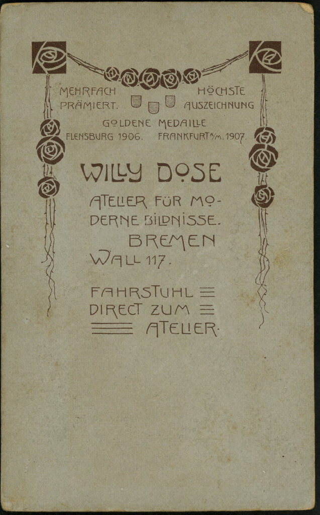 Reverse of a monochrome photographic portrait from between 1865 and the 1920s taken by Willy Dose, Wall 117, Bremen