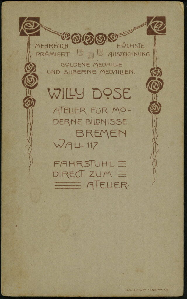 Reverse of a monochrome photographic portrait from between 1865 and the 1920s taken by Willy Dose, Wall 117, Bremen