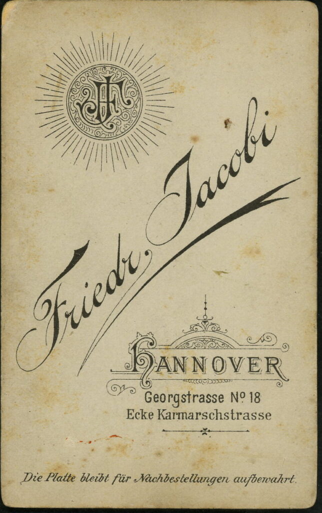 Reverse of a monochrome photographic portrait from between 1865 and the 1920s taken by Friedr. Jacobi, Georgstraße 18, Hannover