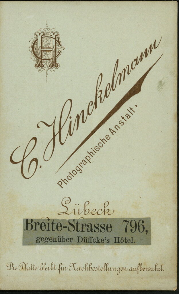 Reverse of a monochrome photographic portrait from between 1865 and the 1920s taken by C. Hinckelmann, Breite-Straße 796, Lübeck