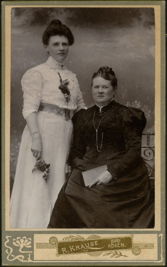 A monochrome photographic portrait from between 1865 and the 1920s taken by R. Krause, Am Bahnhof, Bad Kösen and Kurhaus zum Mutigen Ritter, Bad Kösen