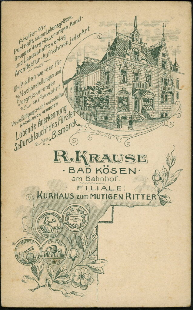 Reverse of a monochrome photographic portrait from between 1865 and the 1920s taken by R. Krause, Am Bahnhof, Bad Kösen and Kurhaus zum Mutigen Ritter, Bad Kösen