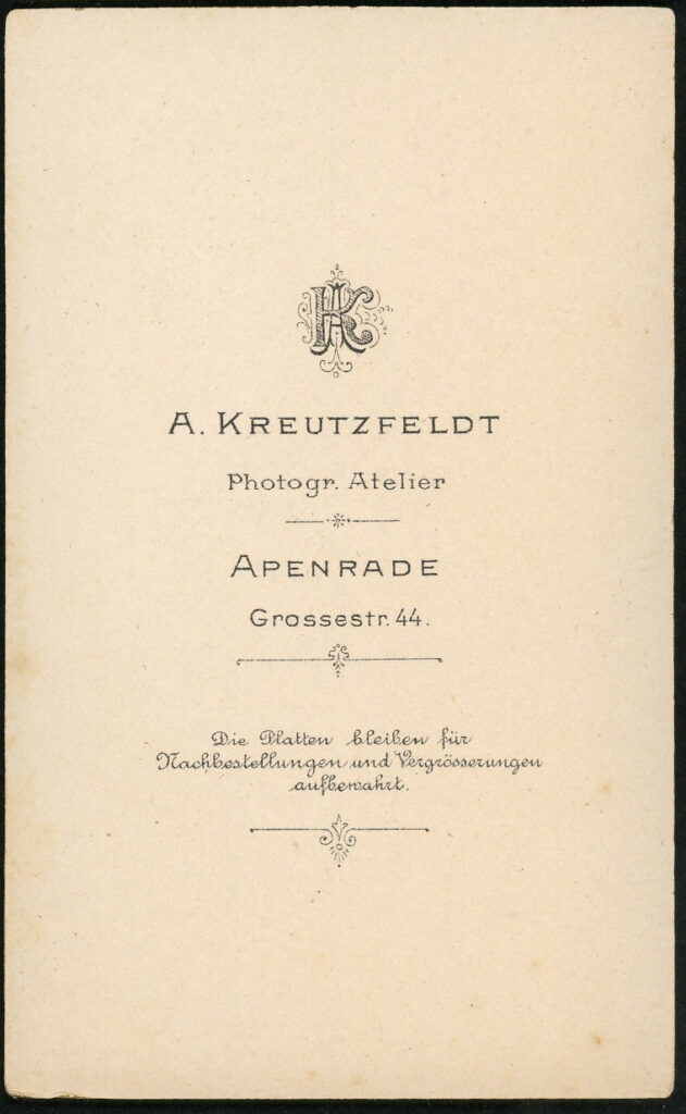 Reverse of a monochrome photographic portrait from between 1865 and the 1920s taken by A. Kreutzfeldt, Grossestraße 44, Apenrade