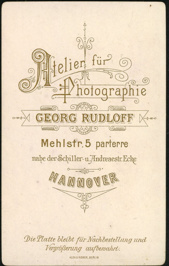 Reverse of a monochrome photographic portrait from between 1865 and the 1920s taken by Georg Rudloff, Mehlstraße 5, Hannover