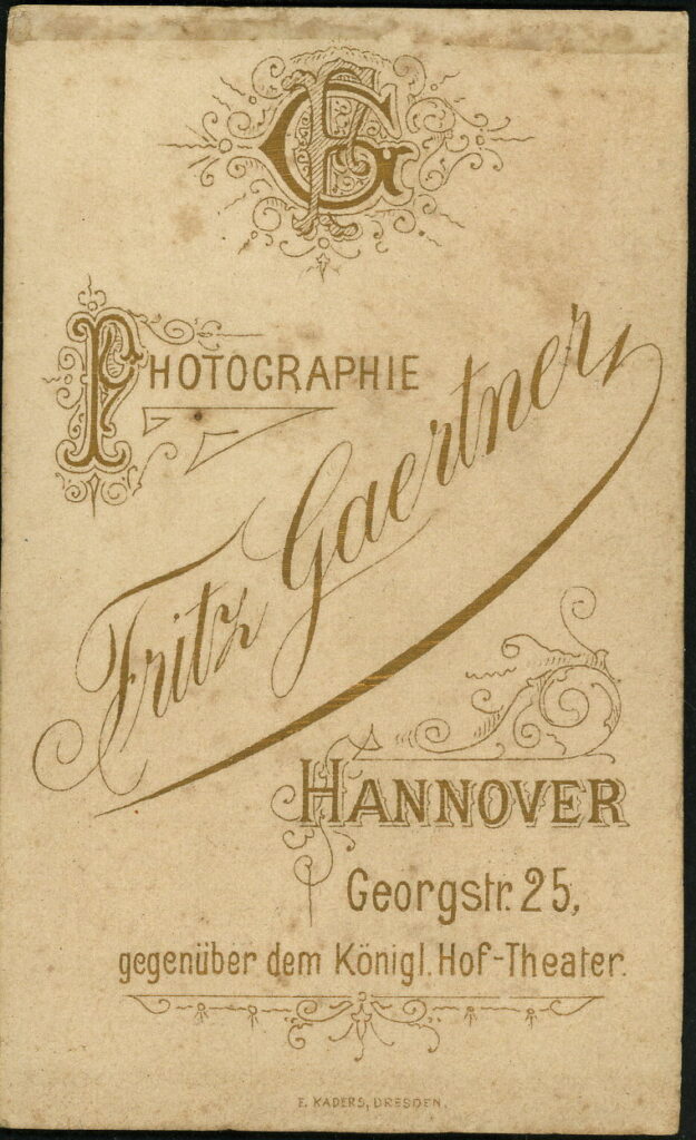 Reverse of a monochrome photographic portrait from between 1865 and the 1920s taken by Fritz Gaertner, Georgstraße 25, Hannover