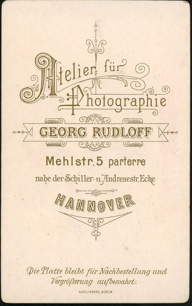 Reverse of a monochrome photographic portrait from between 1865 and the 1920s taken by Georg Rudloff, Mehlstraße 5, Hannover