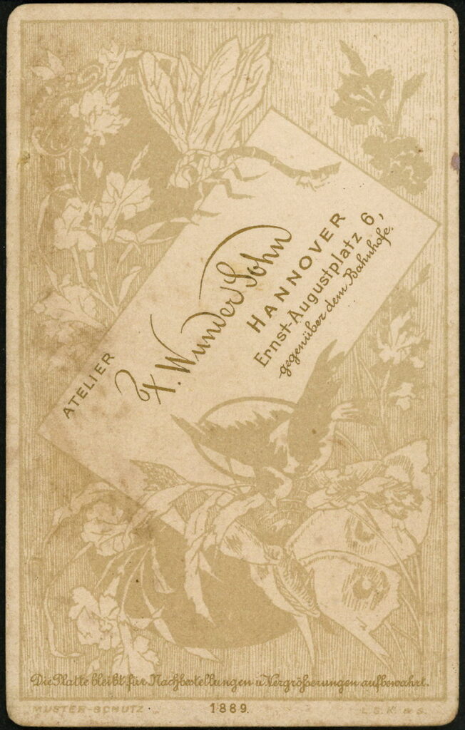 Reverse of a monochrome photographic portrait from between 1865 and the 1920s taken by F. Wunder Sohn, Ernst-Augustplatrz 6, Hannover in 1889