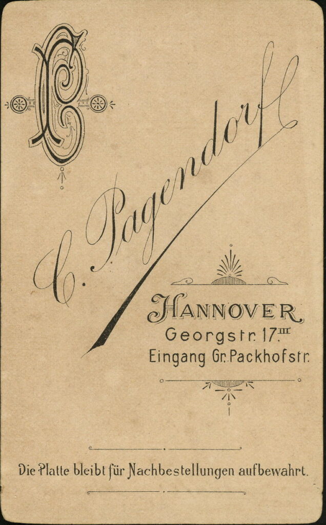 Reverse of a monochrome photographic portrait from between 1865 and the 1920s taken by C. Pagendorf, Georgstraße 17, Hannover