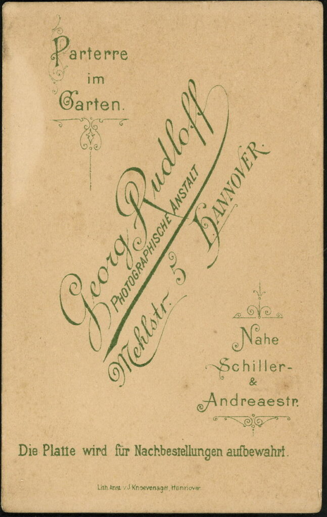 Reverse of a monochrome photographic portrait from between 1865 and the 1920s taken by Georg Rudloff, Mehlstraße 5, Hannover