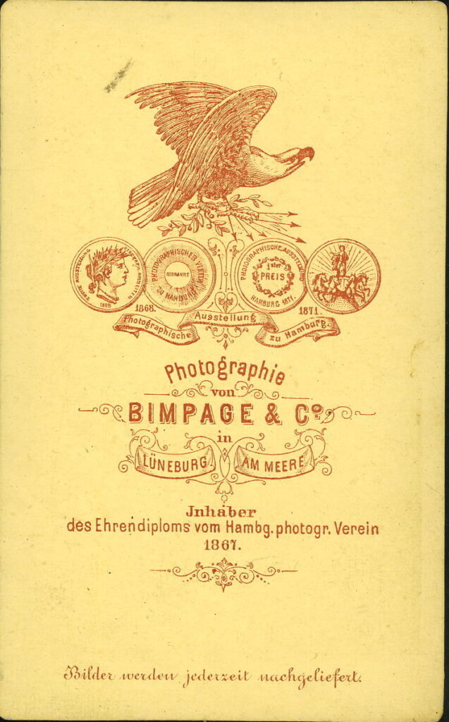 Reverse of a monochrome photographic portrait from between 1865 and the 1920s taken by H. Bimpage, Am Meere, Lüneburg