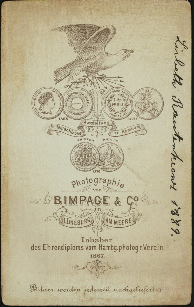 Reverse of a monochrome photographic portrait from between 1865 and the 1920s taken by H. Bimpage, Am Meere, Lüneburg and Hitzacker, in 1889