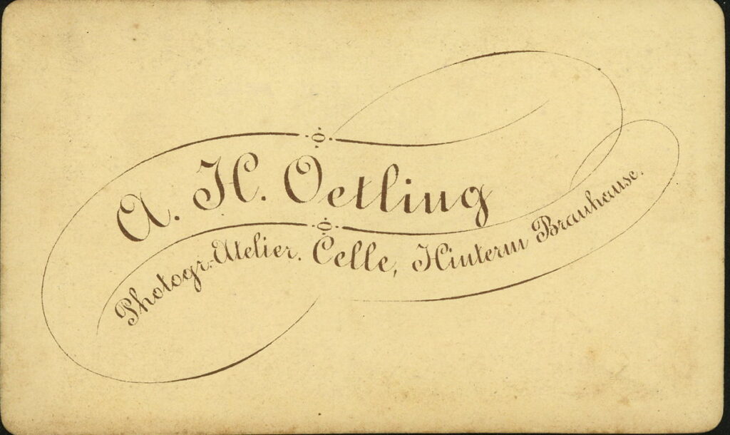 Reverse of a monochrome photographic portrait from between 1865 and the 1920s taken by A. H. Oetling, Hinterm Brauhause, Celle
