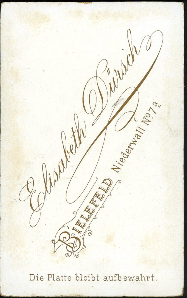 Reverse of a monochrome photographic portrait from between 1865 and the 1920s taken by Elisabeth Dürsch, Niederwall 7a, Bielefeld