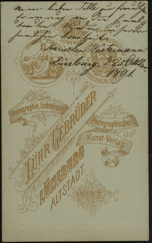 Reverse of a monochrome photographic portrait from between 1865 and the 1920s taken by Gebr. Lühr, Altstadt 48, Lüneburg in 1891