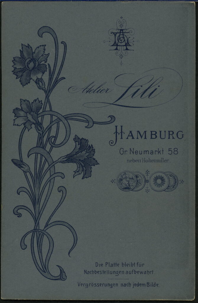 Reverse of a monochrome photographic portrait from between 1865 and the 1920s taken in Atelier Lili, Gr. Neumarkt 48, Hamburg