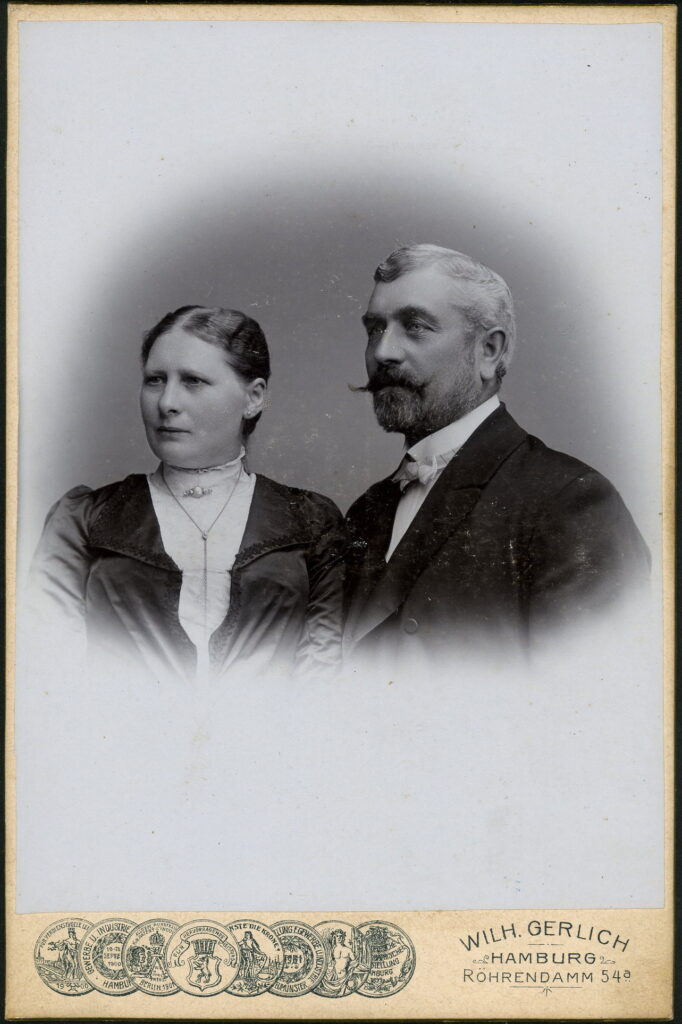 A monochrome photographic portrait from between 1865 and the 1920s taken by Wilh. Gerlich, Röhrendamm 54a, Hamburg