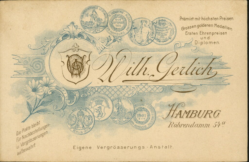 Reverse of a monochrome photographic portrait from between 1865 and the 1920s taken by Wilh. Gerlich, Röhrendamm 54a, Hamburg