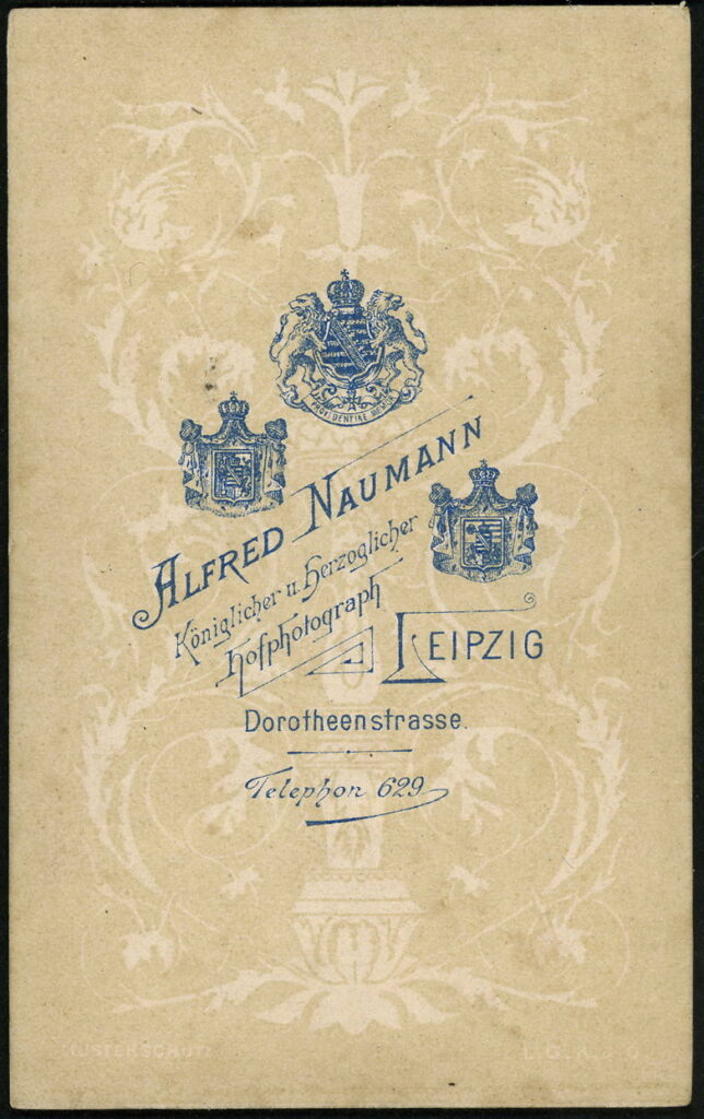 Reverse of a monochrome photographic portrait from between 1865 and the 1920s taken by Alfred Naumann, Dorotheenstraße, Leipzig