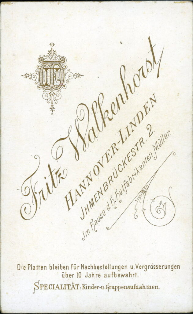 Reverse of a monochrome photographic portrait from between 1865 and the 1920s taken by Fritz Walkenhorst, Ihmenbrückestraße 2, Hannover-Linden