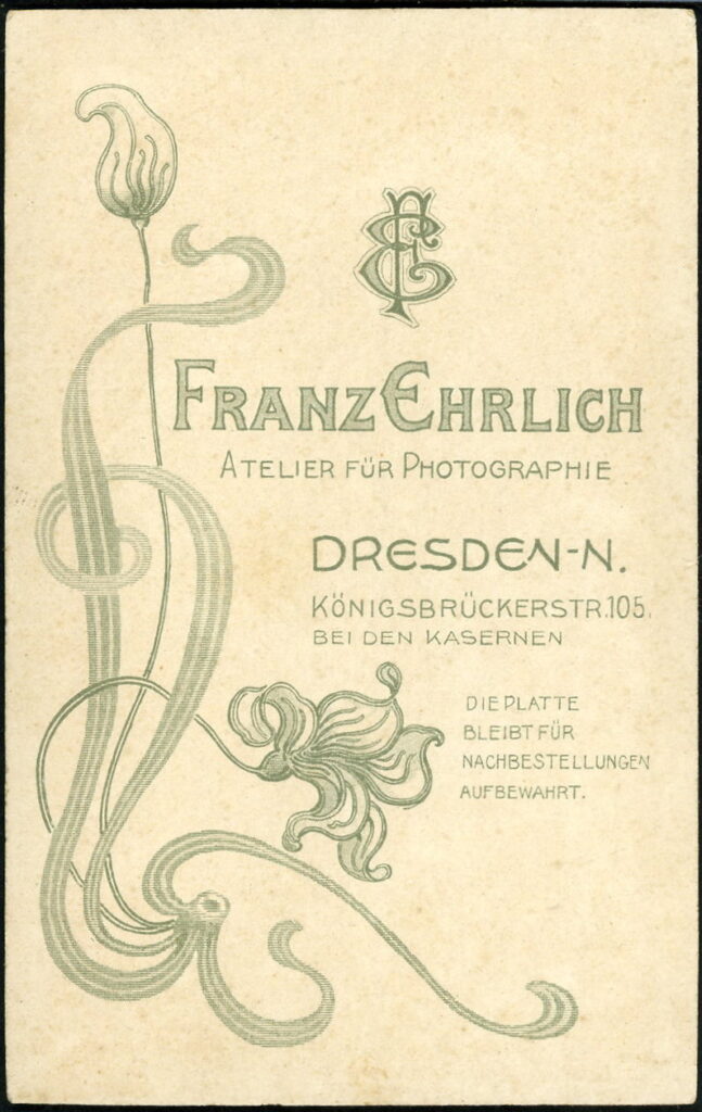 Reverse of a monochrome photographic portrait from between 1865 and the 1920s taken by Franz Ehrlich, Königsbrückerstraße 105, Dresden