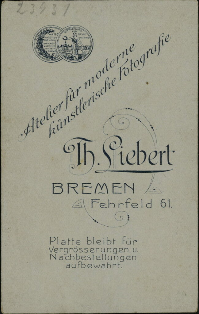 Reverse of a monochrome photographic portrait from between 1865 and the 1920s taken by Th. Liebert, Fehrfeld 61, Bremen