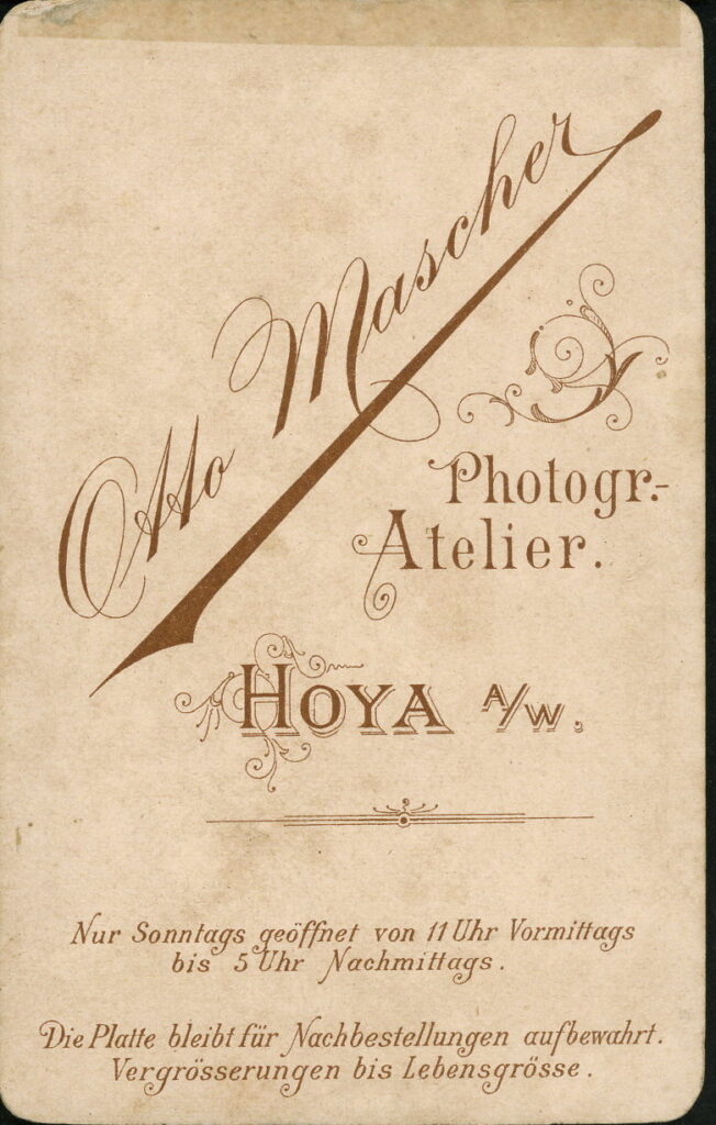 Reverse of a monochrome photographic portrait from between 1865 and the 1920s taken by Otto Mascher, Hoya