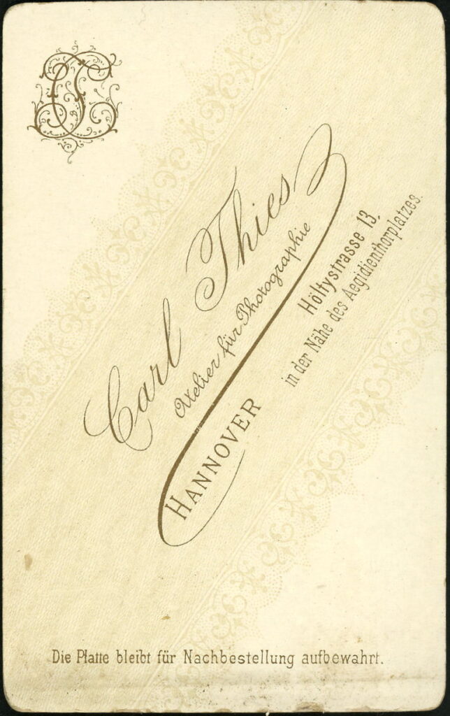 Reverse of a monochrome photographic portrait from between 1865 and the 1920s taken by Carl Thies, Höltystraße 13, Hannover
