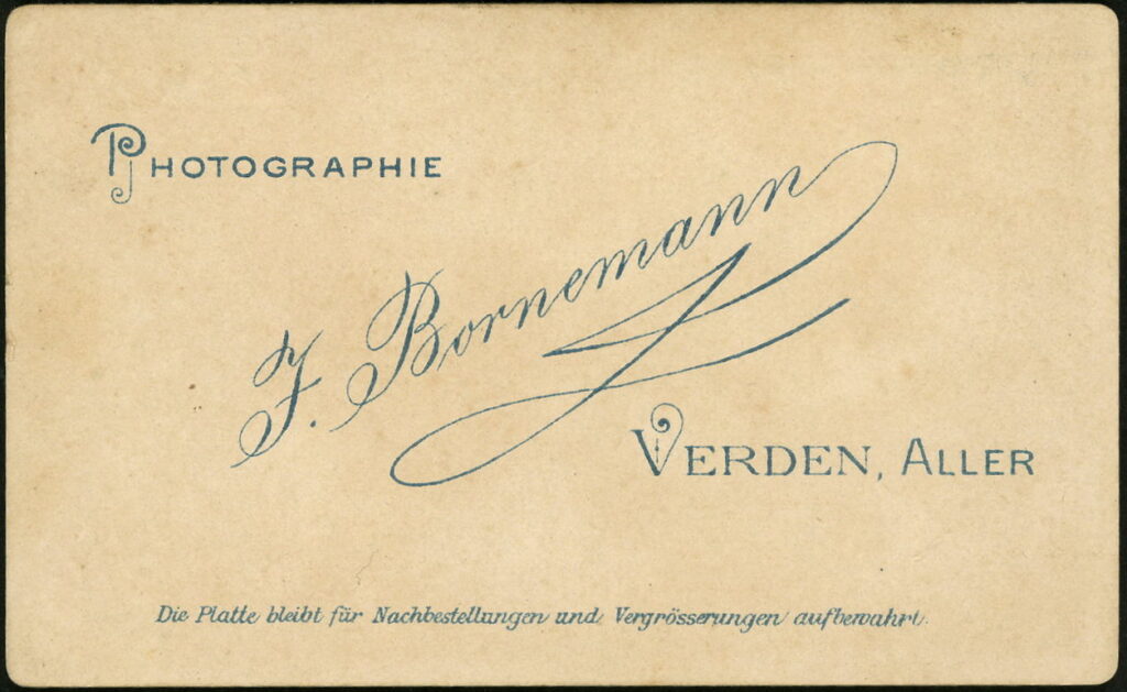 Reverse of a monochrome photographic portrait from between 1865 and the 1920s taken by J. Bornemann, Verden, Aller