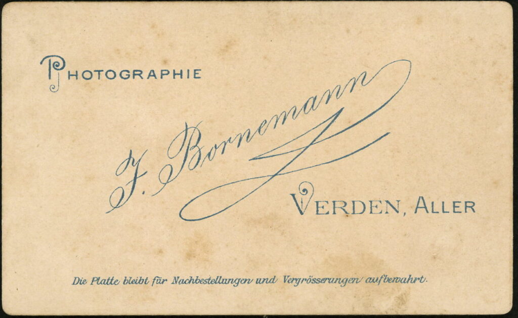 Reverse of a monochrome photographic portrait from between 1865 and the 1920s taken by J. Bornemann, Verden, Aller